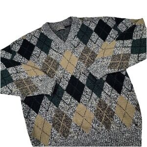 Vintage David Taylor Acrylic Argyle Sweater Men M Grandpa‎ Checkered Plaid Black